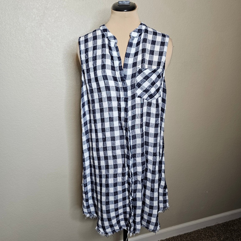 Bella‎ Dahl Navy White Gingham Plaid Sleeveless Tunic Shirt Frayed Hem  Large